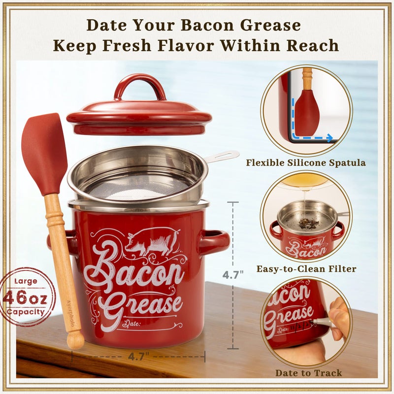 Ayerphalo Bacon Grease Container with Strainer - 46OZ Large Capacity  With Silicone Wooden Spatula  Enamel Bacon Grease Keeper for Bacon Drippings  Farmhouse Red Kitchen Decor  Dishwasher Safe - Image 3